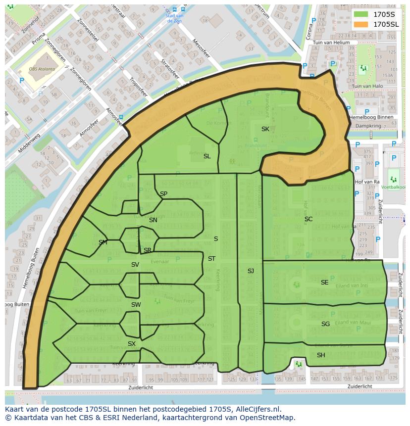 Afbeelding van het postcodegebied 1705 SL op de kaart.