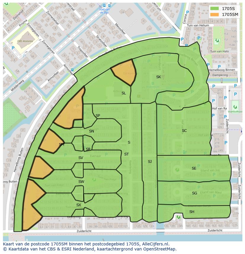 Afbeelding van het postcodegebied 1705 SM op de kaart.