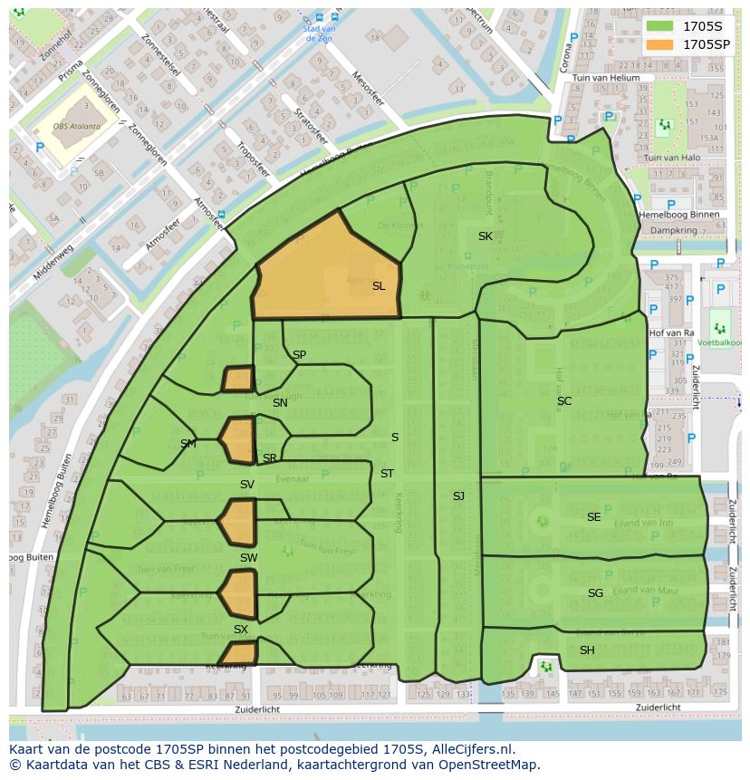 Afbeelding van het postcodegebied 1705 SP op de kaart.