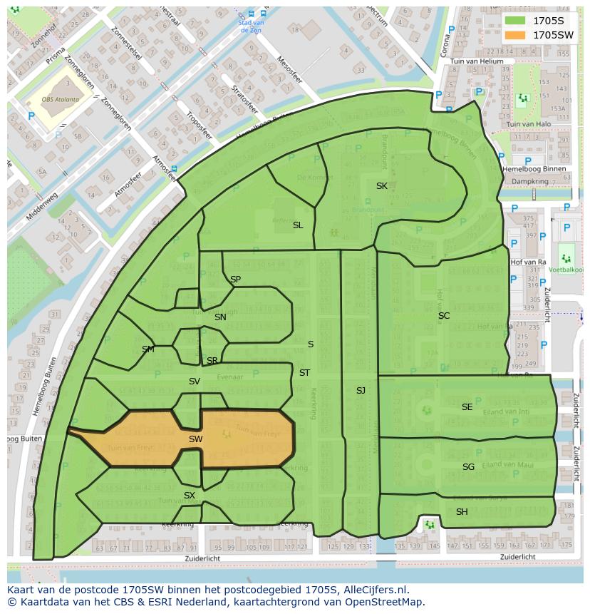 Afbeelding van het postcodegebied 1705 SW op de kaart.