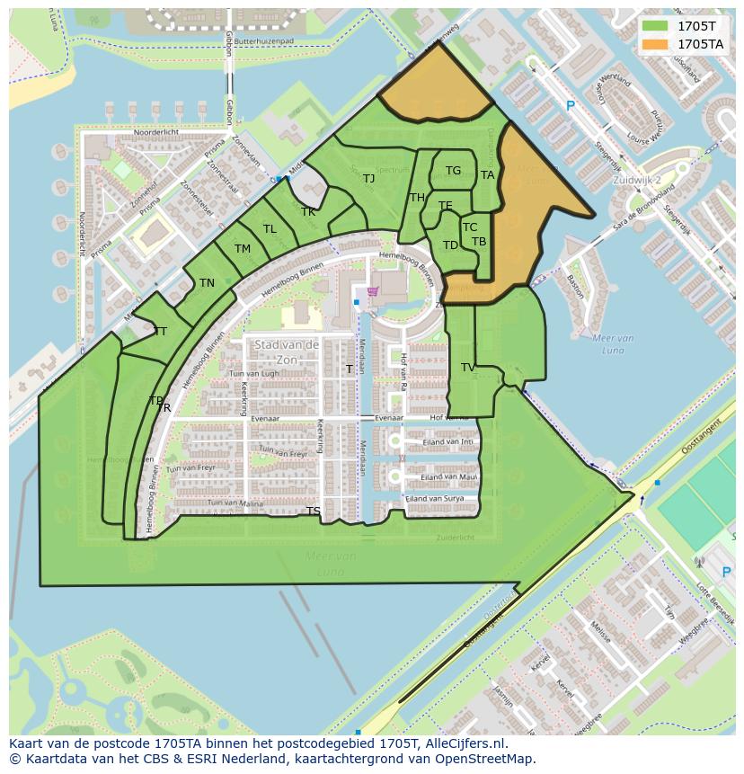 Afbeelding van het postcodegebied 1705 TA op de kaart.