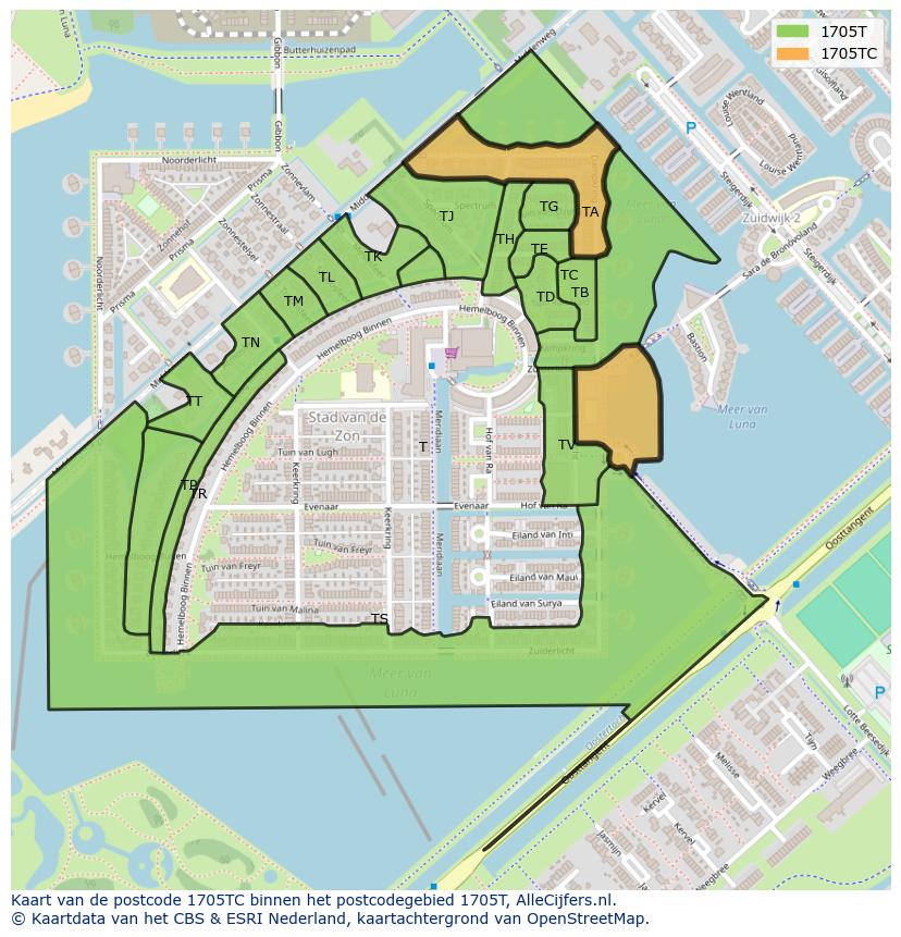 Afbeelding van het postcodegebied 1705 TC op de kaart.
