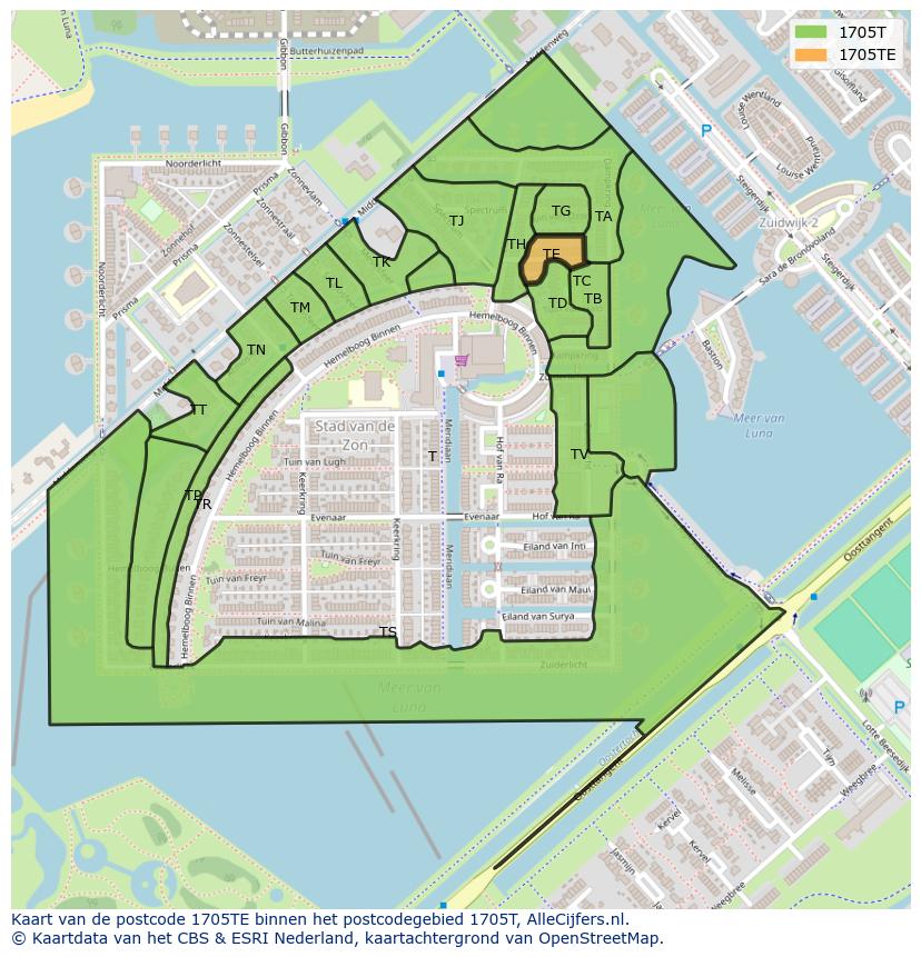 Afbeelding van het postcodegebied 1705 TE op de kaart.