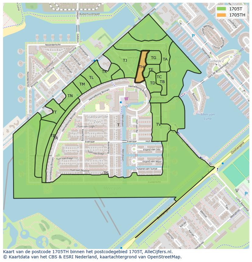 Afbeelding van het postcodegebied 1705 TH op de kaart.