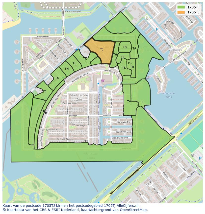 Afbeelding van het postcodegebied 1705 TJ op de kaart.