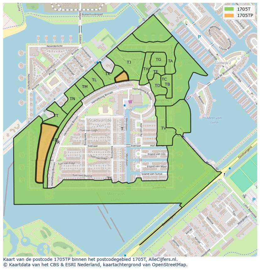 Afbeelding van het postcodegebied 1705 TP op de kaart.