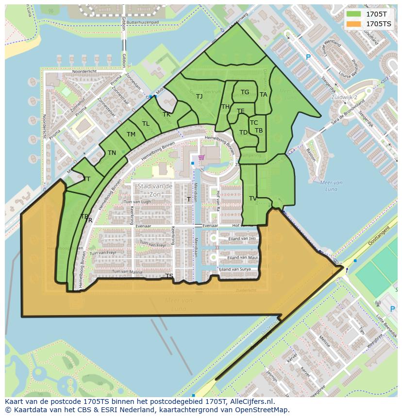 Afbeelding van het postcodegebied 1705 TS op de kaart.