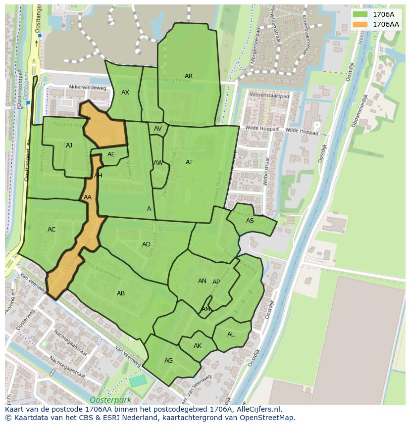 Afbeelding van het postcodegebied 1706 AA op de kaart.