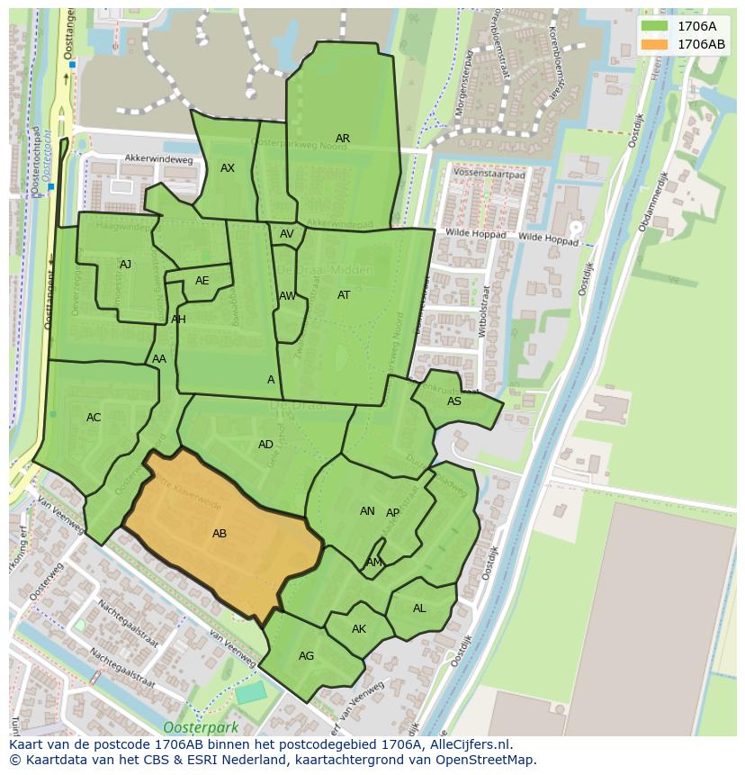 Afbeelding van het postcodegebied 1706 AB op de kaart.