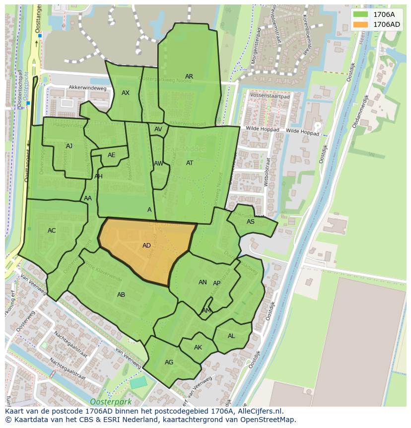 Afbeelding van het postcodegebied 1706 AD op de kaart.