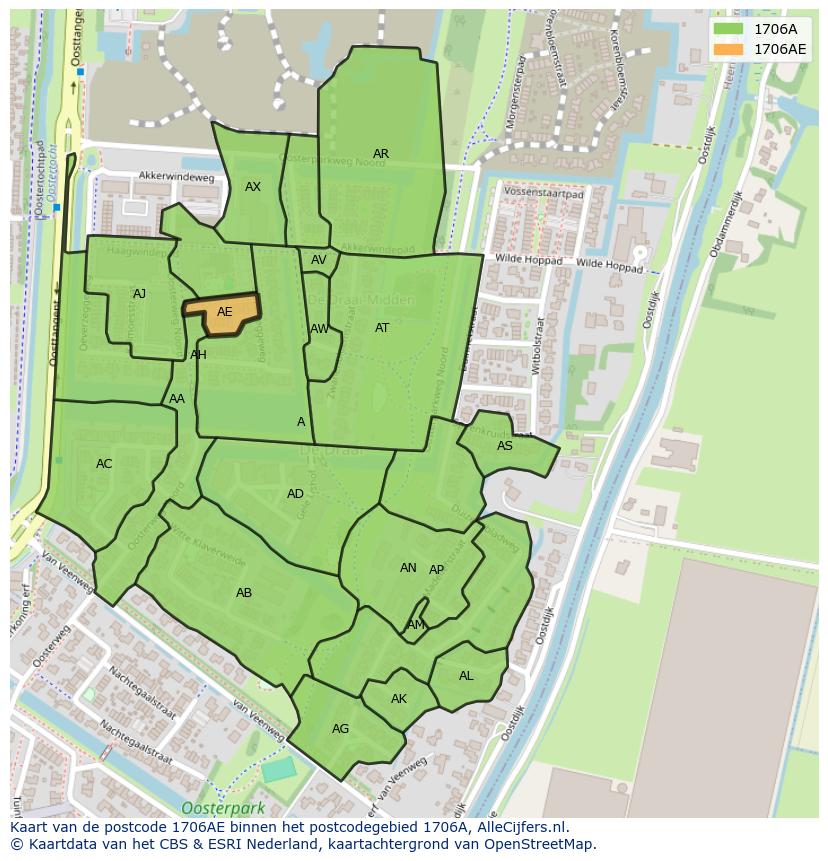 Afbeelding van het postcodegebied 1706 AE op de kaart.