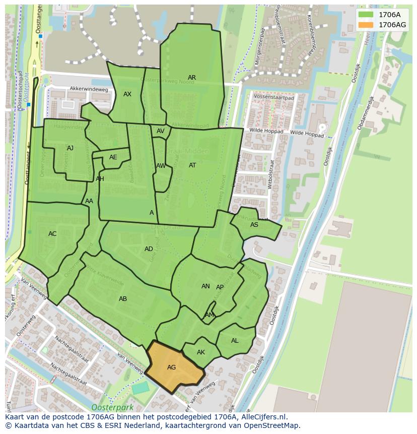 Afbeelding van het postcodegebied 1706 AG op de kaart.