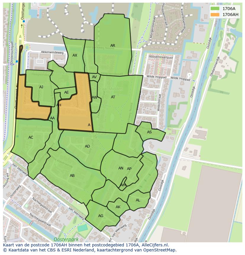 Afbeelding van het postcodegebied 1706 AH op de kaart.