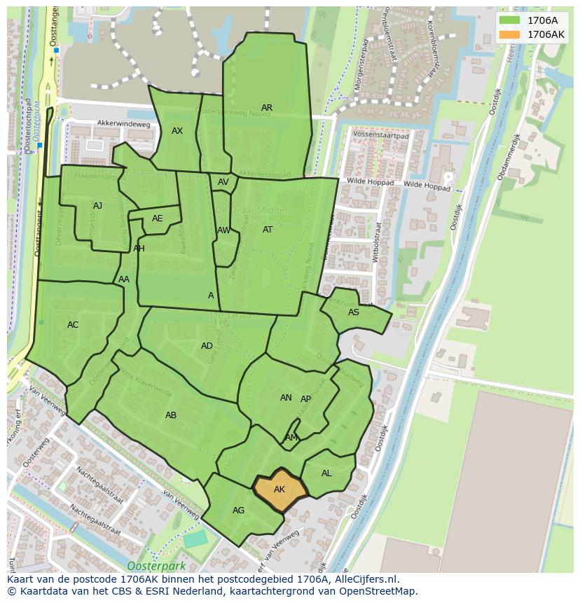Afbeelding van het postcodegebied 1706 AK op de kaart.