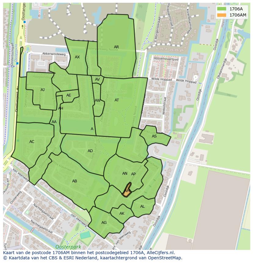 Afbeelding van het postcodegebied 1706 AM op de kaart.