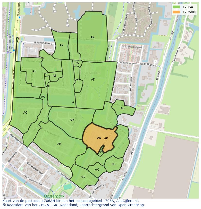 Afbeelding van het postcodegebied 1706 AN op de kaart.