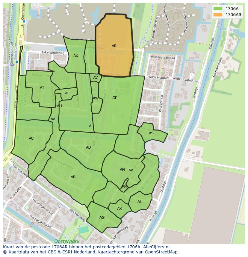 Afbeelding van het postcodegebied 1706 AR op de kaart.