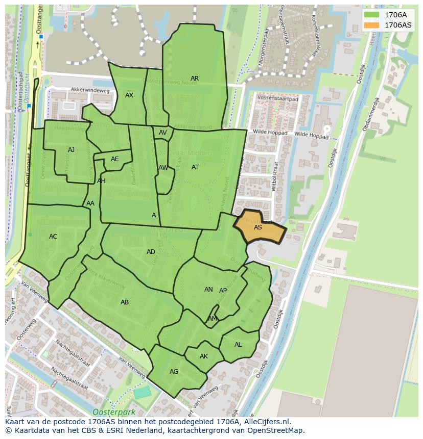 Afbeelding van het postcodegebied 1706 AS op de kaart.