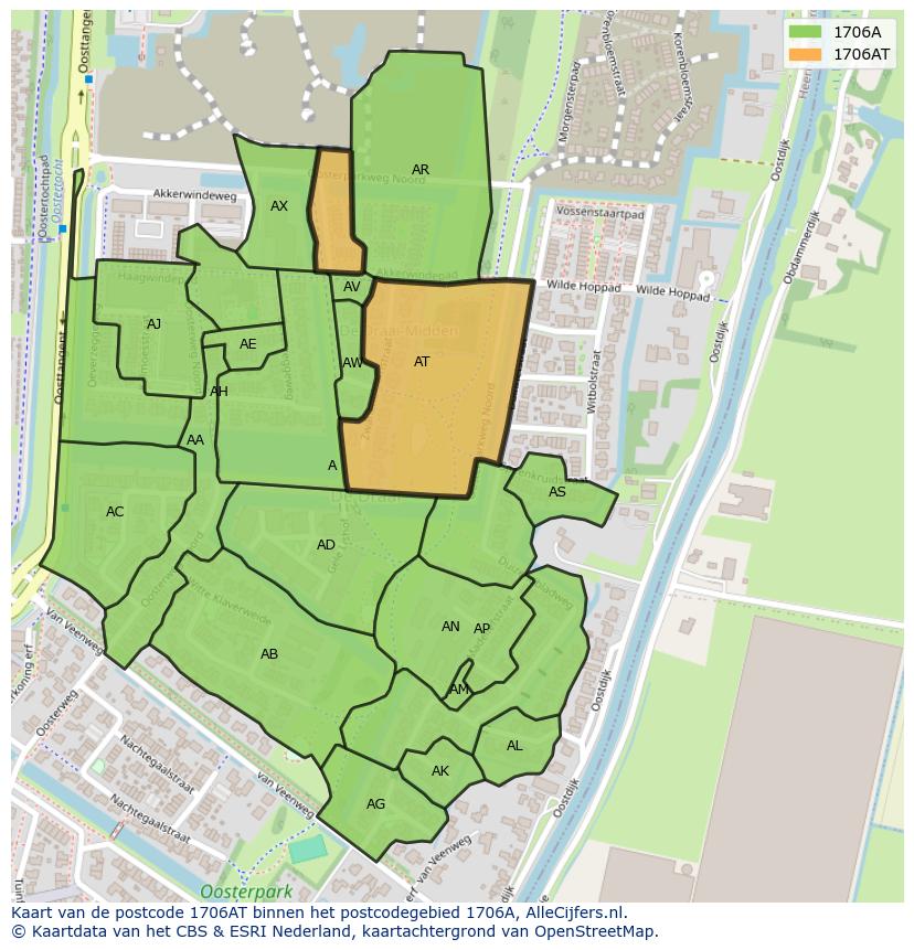 Afbeelding van het postcodegebied 1706 AT op de kaart.