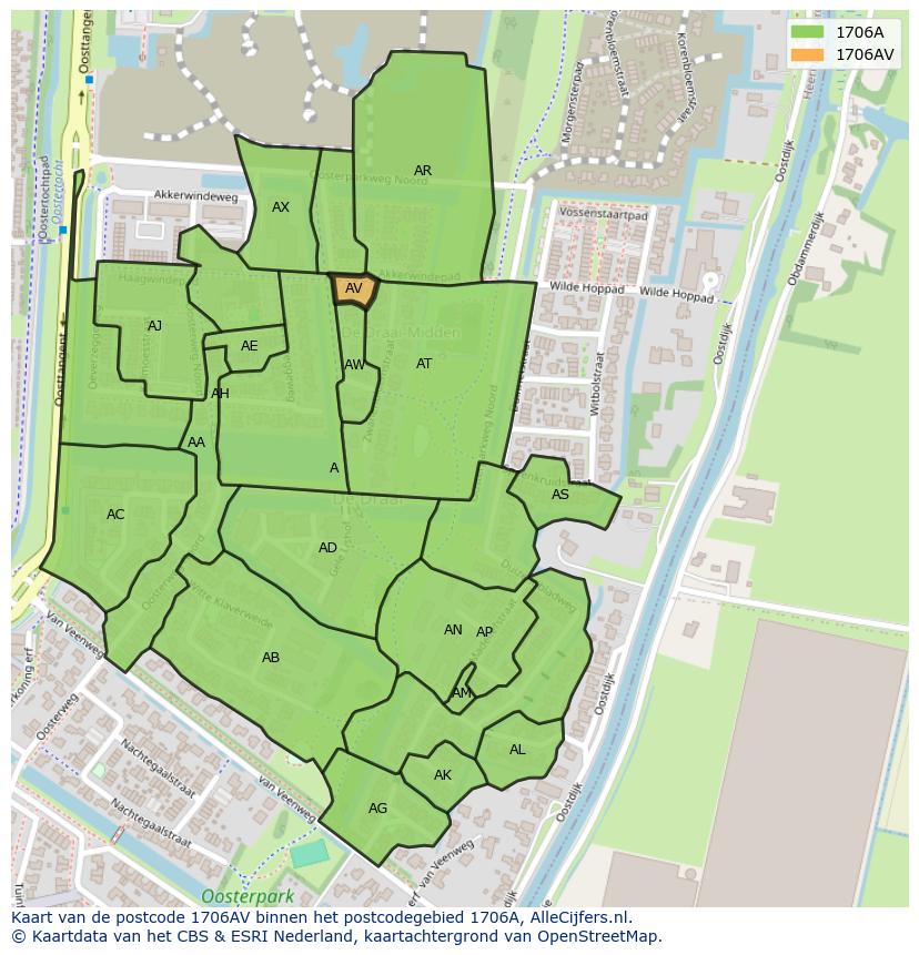 Afbeelding van het postcodegebied 1706 AV op de kaart.