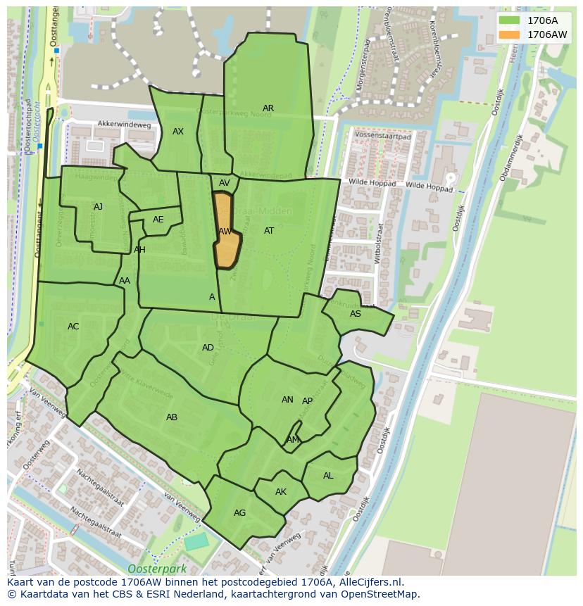 Afbeelding van het postcodegebied 1706 AW op de kaart.