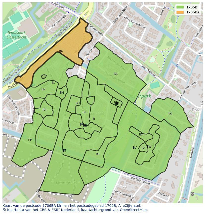 Afbeelding van het postcodegebied 1706 BA op de kaart.