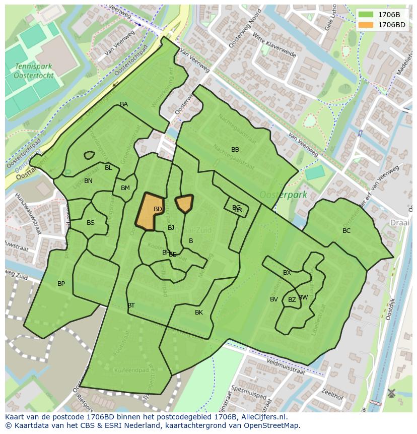 Afbeelding van het postcodegebied 1706 BD op de kaart.
