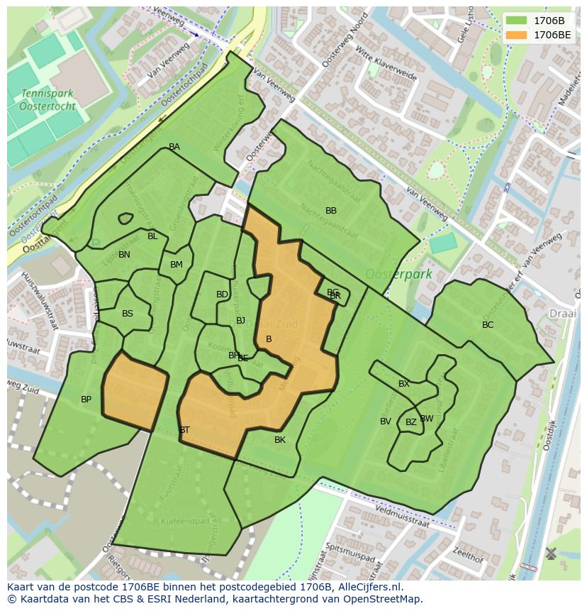 Afbeelding van het postcodegebied 1706 BE op de kaart.