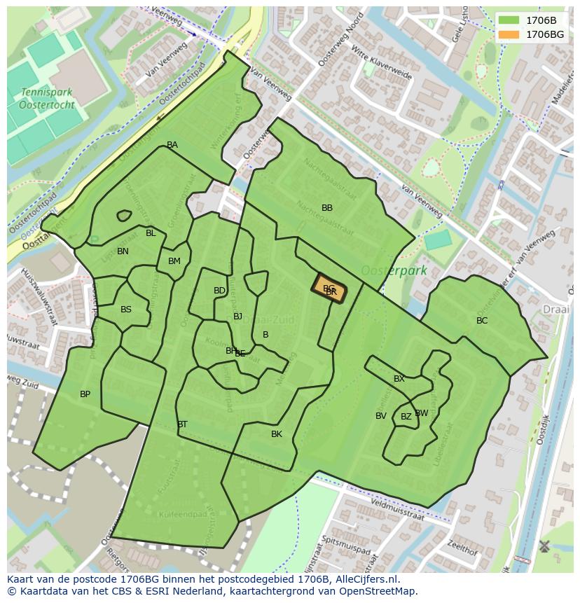 Afbeelding van het postcodegebied 1706 BG op de kaart.