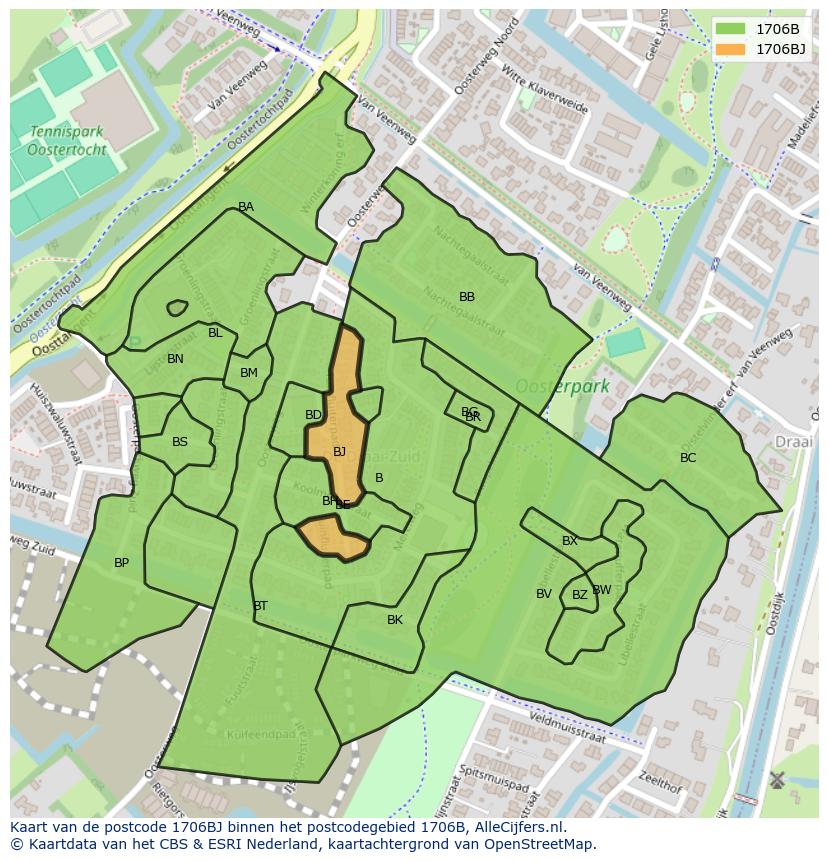 Afbeelding van het postcodegebied 1706 BJ op de kaart.