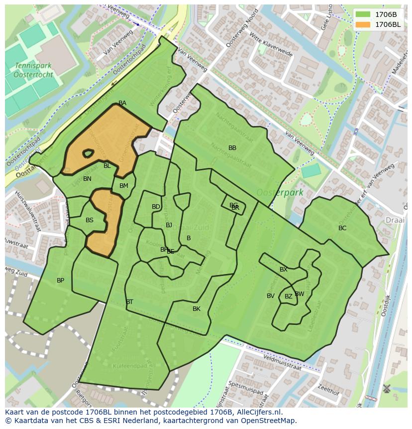 Afbeelding van het postcodegebied 1706 BL op de kaart.