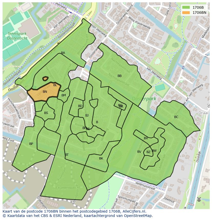 Afbeelding van het postcodegebied 1706 BN op de kaart.