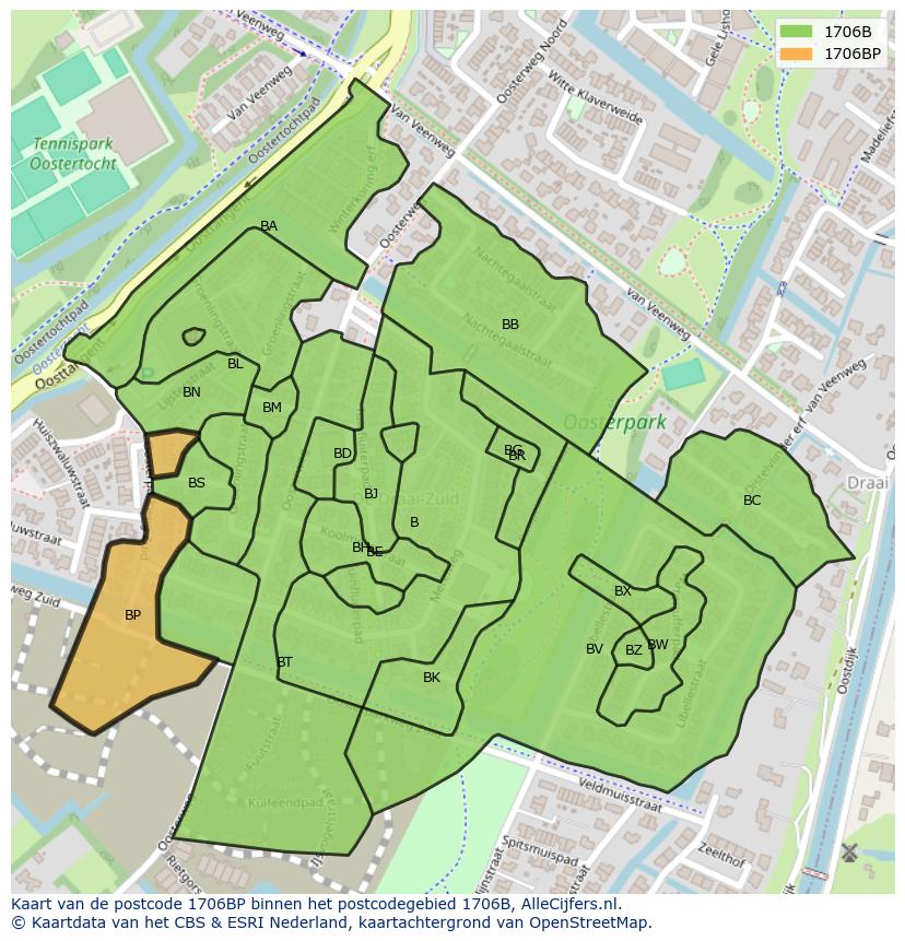 Afbeelding van het postcodegebied 1706 BP op de kaart.