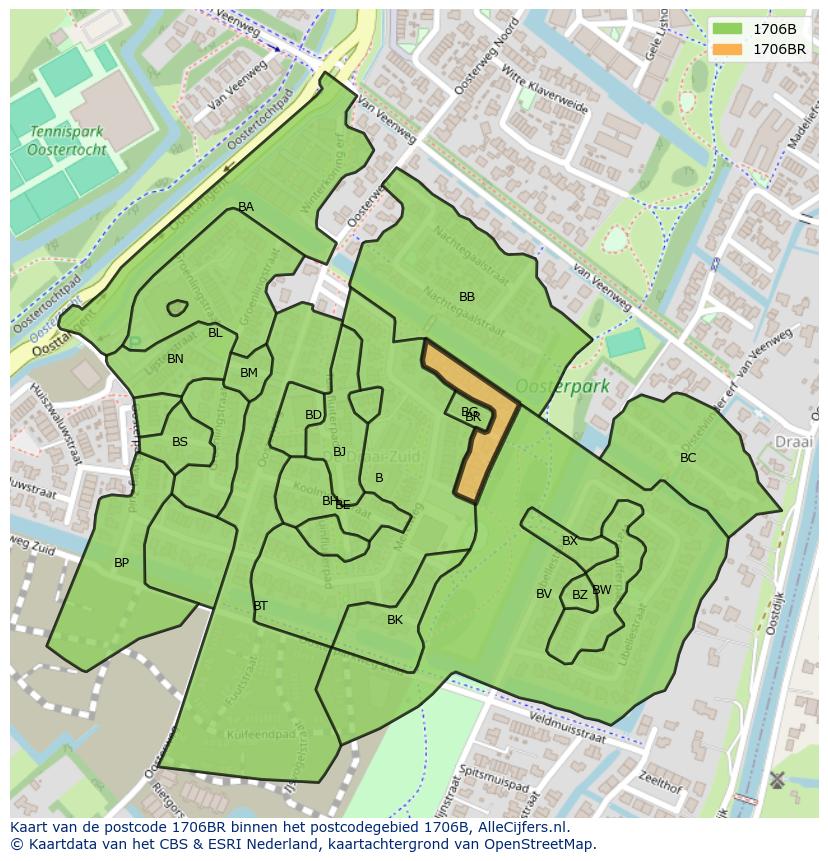 Afbeelding van het postcodegebied 1706 BR op de kaart.