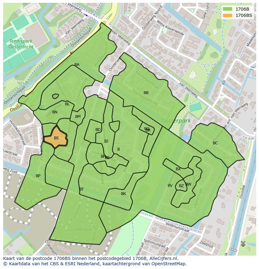 Afbeelding van het postcodegebied 1706 BS op de kaart.