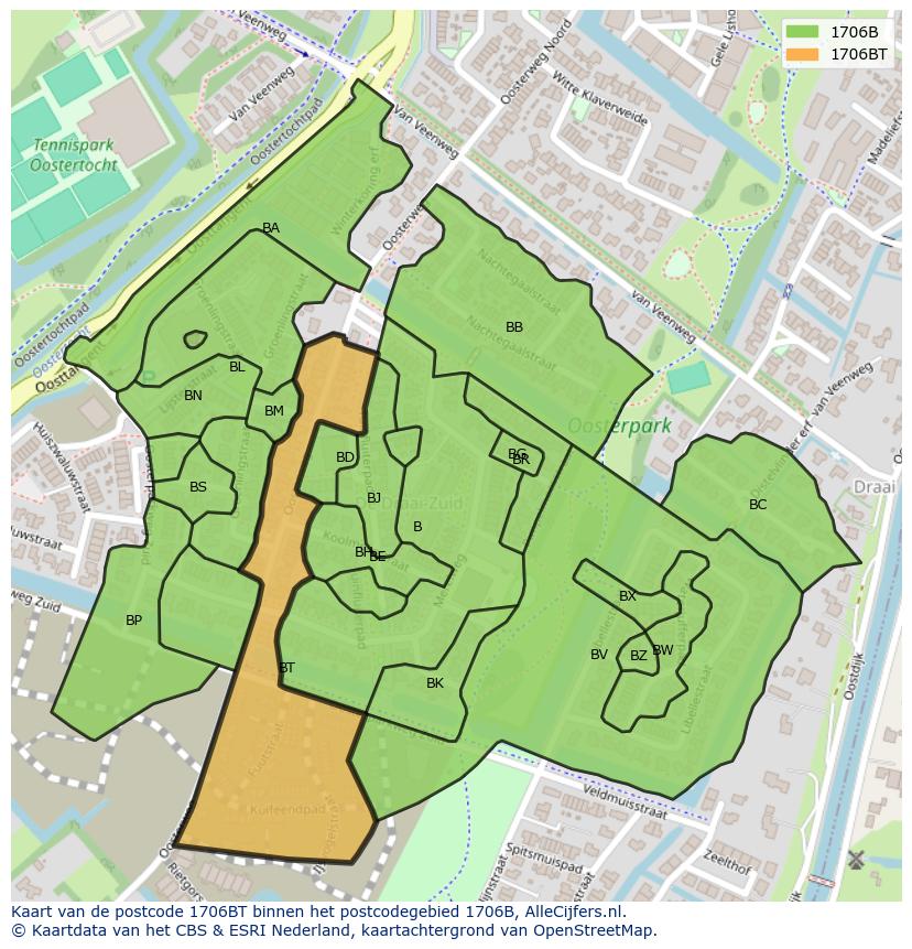 Afbeelding van het postcodegebied 1706 BT op de kaart.