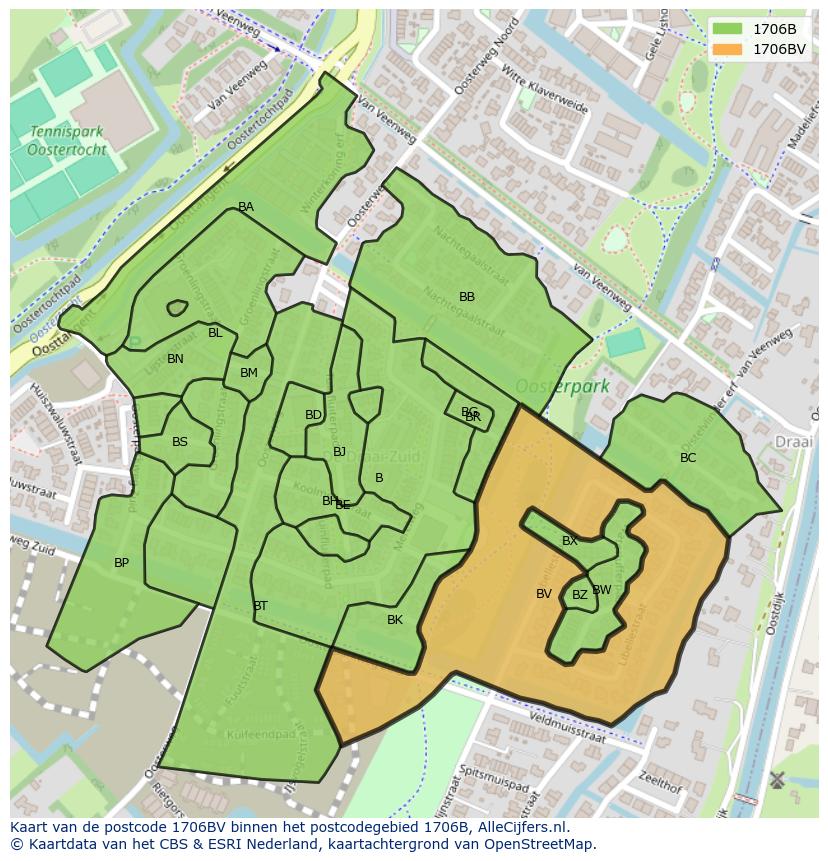 Afbeelding van het postcodegebied 1706 BV op de kaart.