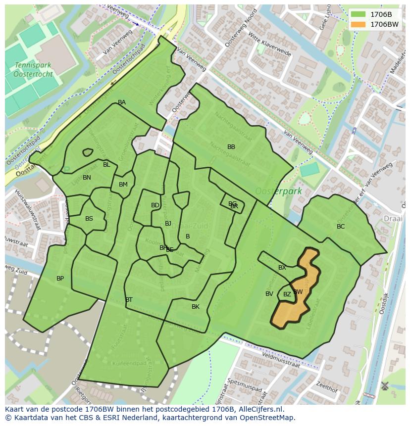Afbeelding van het postcodegebied 1706 BW op de kaart.