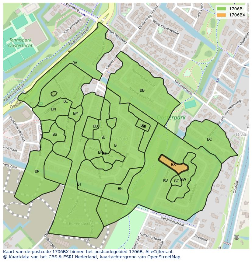 Afbeelding van het postcodegebied 1706 BX op de kaart.