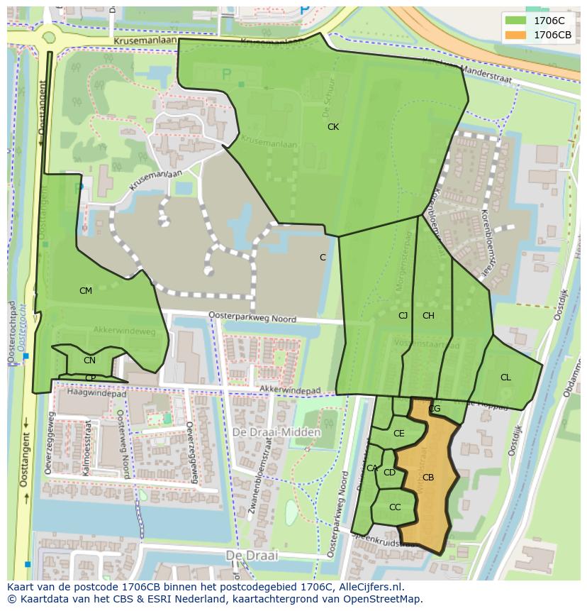 Afbeelding van het postcodegebied 1706 CB op de kaart.