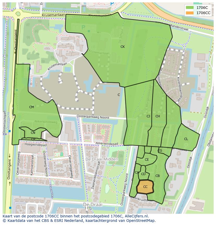 Afbeelding van het postcodegebied 1706 CC op de kaart.