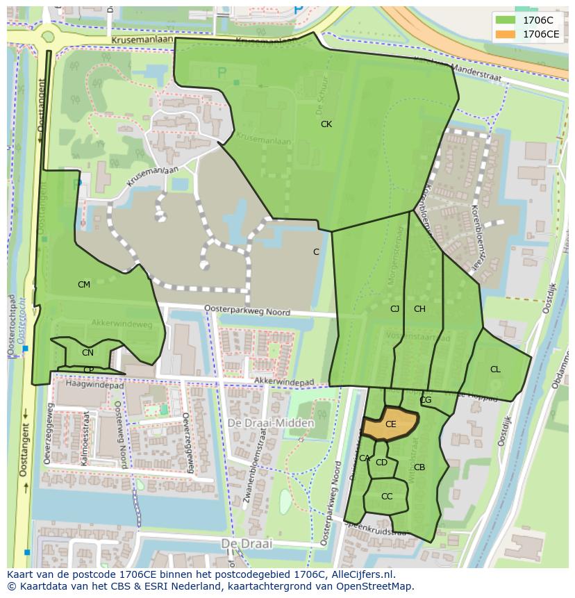 Afbeelding van het postcodegebied 1706 CE op de kaart.