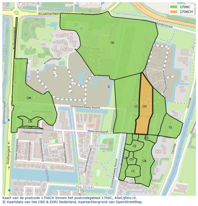 Afbeelding van het postcodegebied 1706 CH op de kaart.