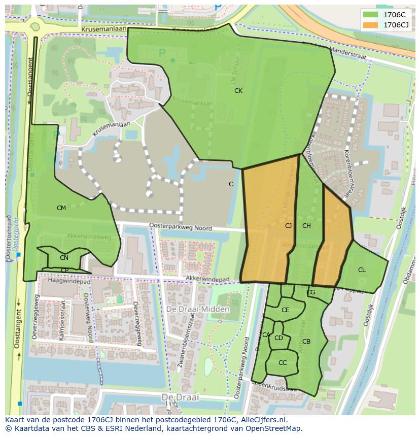 Afbeelding van het postcodegebied 1706 CJ op de kaart.