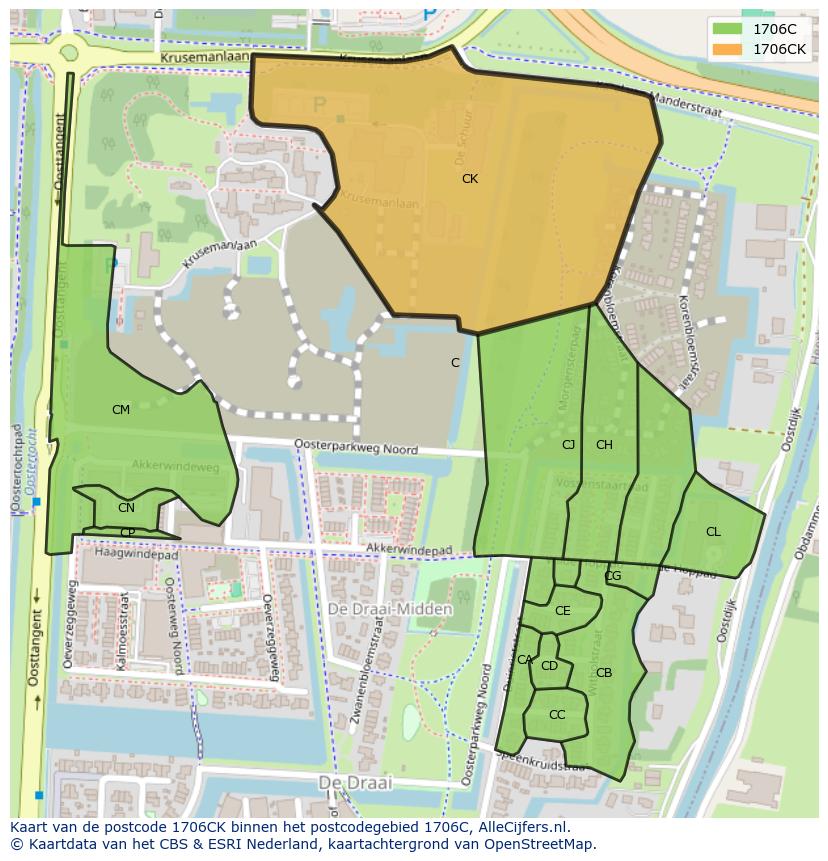 Afbeelding van het postcodegebied 1706 CK op de kaart.