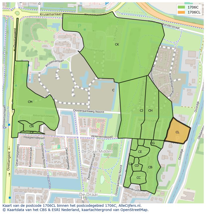 Afbeelding van het postcodegebied 1706 CL op de kaart.