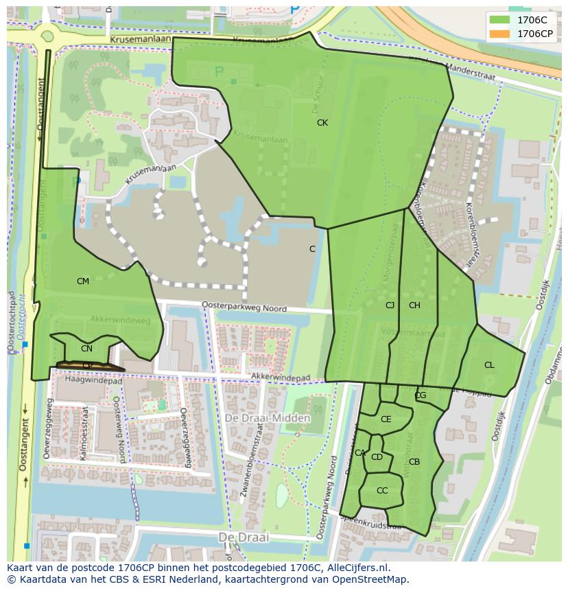 Afbeelding van het postcodegebied 1706 CP op de kaart.