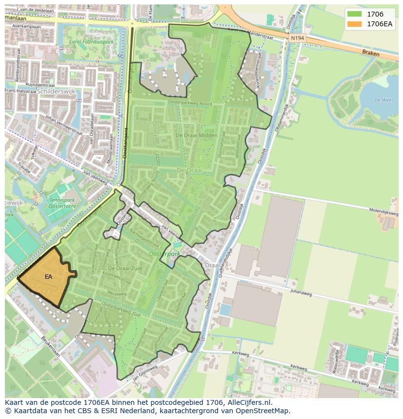 Afbeelding van het postcodegebied 1706 EA op de kaart.