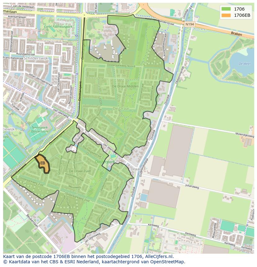 Afbeelding van het postcodegebied 1706 EB op de kaart.