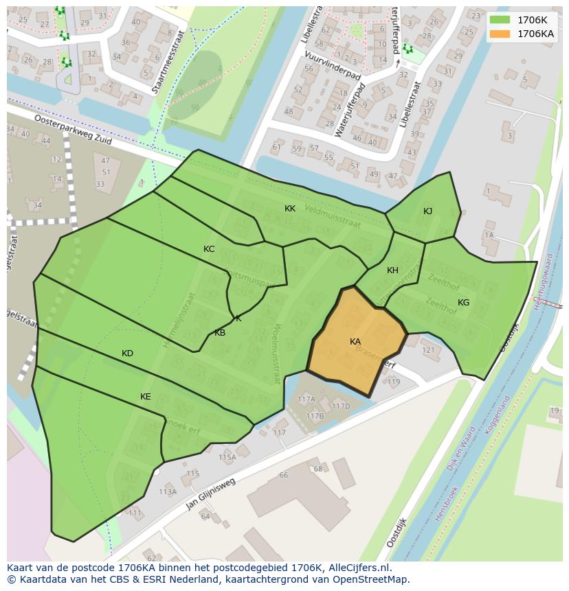 Afbeelding van het postcodegebied 1706 KA op de kaart.